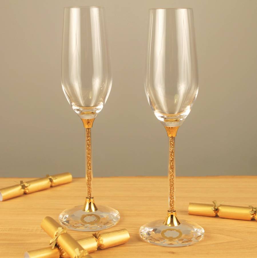 Pair Of Champagne Flutes With Gold Swarovski Crystals, 1 of 5