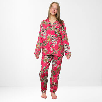Giraffe And Leopard Print 100% Cotton Ladies Pyjamas In Pink, 9 of 11