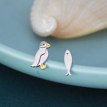 Mismatched Puffin Bird And Fish Stud Earrings, 4 of 9