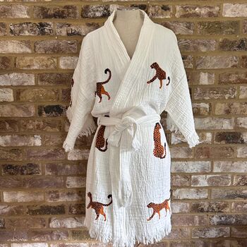 Organic Short Cotton Kimono: White With Cheetah, 3 of 4