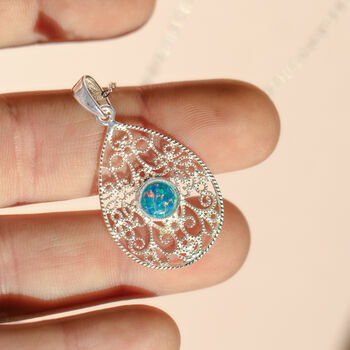 Sterling Silver Opal Filigree Teardrop Necklace, 3 of 7