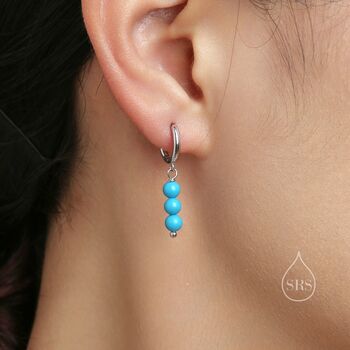 Sterling Silver Genuine Blue Chalcedony Stone Trio Huggie Hoop Earrings, 6 of 10