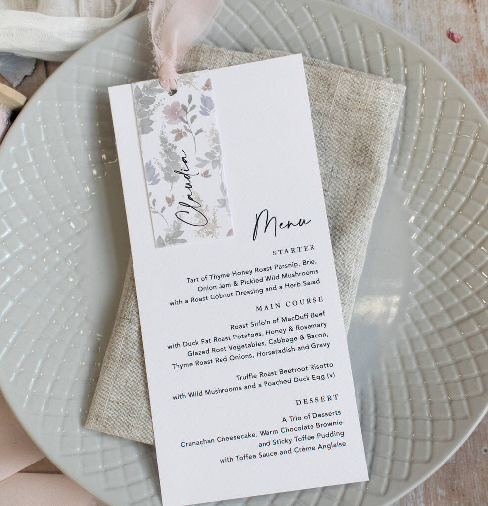 Autumnal Wedding Menu Cards With Guest Name Tags And Ribbon, 1 of 7