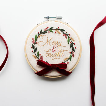 “Merry And Bright” Wreath With Velvet Bow Beginner Embroidery Kit, Hand Embroidery, 6 of 6