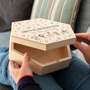 Personalised New Baby Gift Hexagon Keepsake Box Jungle Animals, 2 of 6