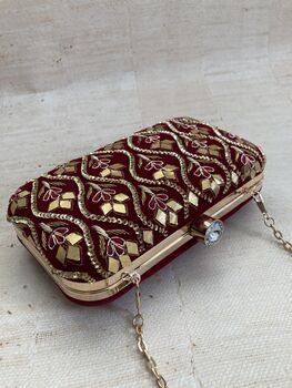 Deep Maroon Velvet Embroidered Handcrafted Clutch Bag, 2 of 8