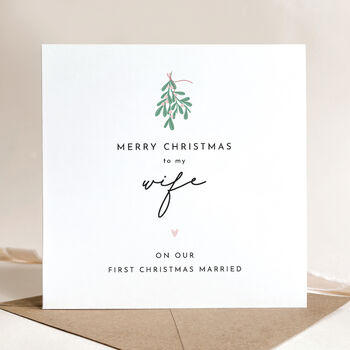 Wife / Husband First Married Christmas Card: Mistletoe And Pink Heart Design, 12 of 12