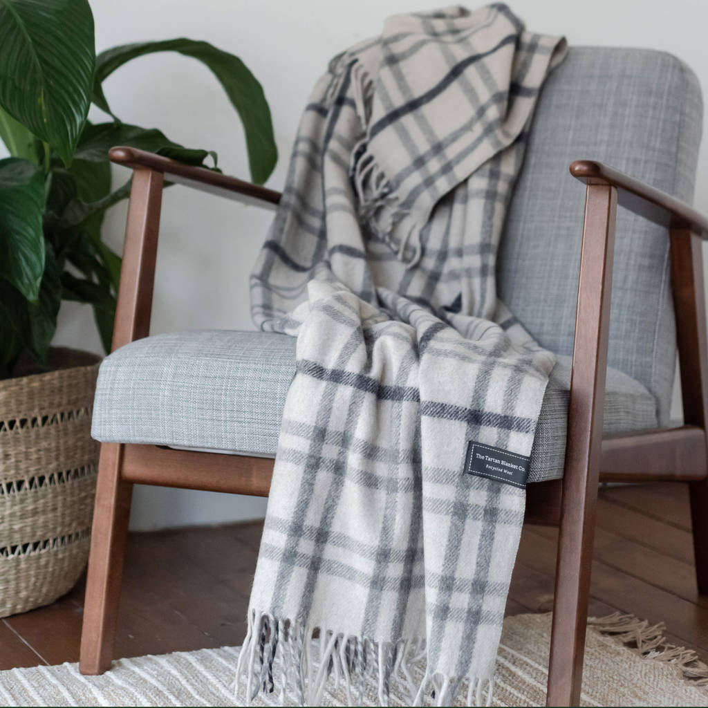personalised recycled wool blanket in light grey check by the tartan