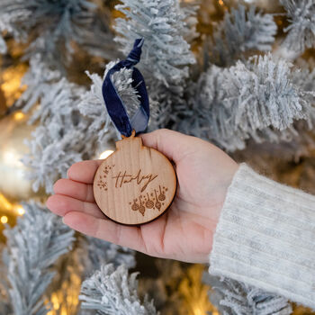 Engraved Cherry Wood Named Christmas Bauble, 2 of 3