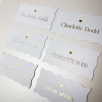 Personalised White Wavy Edge Heart Wedding Gold Foiled Place Cards, 4 of 5