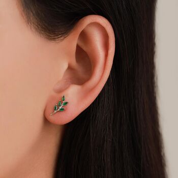 Sterling Silver Emerald Green Leaf Internally Threaded Flat Back Earrings, 6 of 10