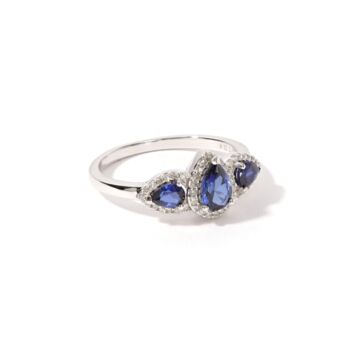 White Gold Blue Sapphire And Diamond Trilogy Pear Ring, 2 of 4