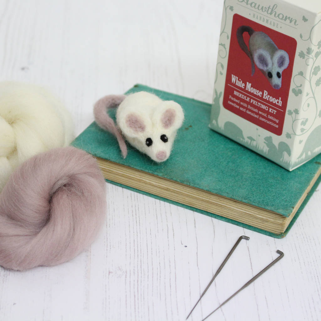 white mouse brooch needle felting craft kit by hawthorn handmade