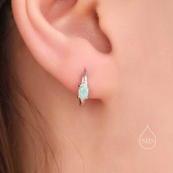 Sterling Silver Oval White Opal Huggie Hoop Earrings, 5 of 10