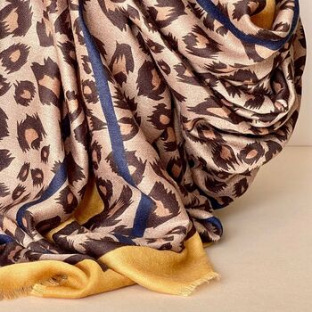 Leopard Print Scarf With Double Mustard And Navy Border, 2 of 2