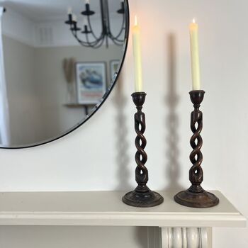 Pair Of Vintage Tall Oak Barley Twist Candlesticks, 4 of 5