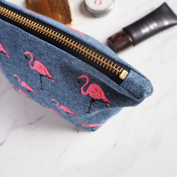 Embroidered Flamingo Cotton Make Up Bag, 3 of 11