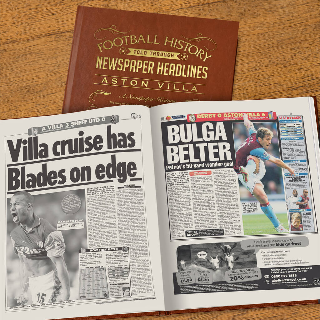 Aston Villa Personalised Football Gift Newspaper Book By Historic