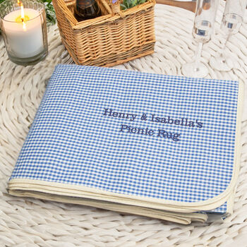 Personalised Blue And White Gingham Picnic Blanket, 3 of 9