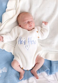 He's Here Embroidered New Baby Long Sleeve Knitted Romper, 3 of 12