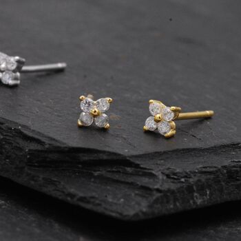 Sterling Silver Very Tiny Hydrangea Flower Stud Earrings With Sparkly Cz Crystals, 4 of 12