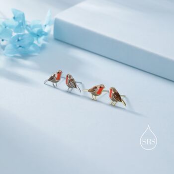 Sterling Silver Hand Painted Enamel Robin Bird Stud Earrings, 3 of 12