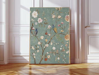 Set Of Two Chinoiserie Pastel Green Floral Bird Art Prints, 3 of 4
