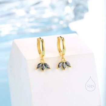 Sterling Silver Mystic Black Cz Marquise Crown Huggie Hoop Earrings, 2 of 11