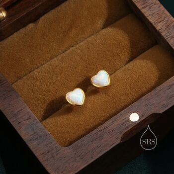 Sterling Silver White Opal Heart Screw Back Earrings, 7 of 11
