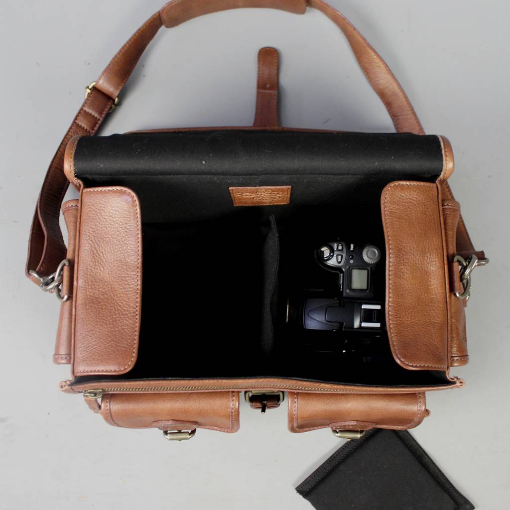 'kenlock' Twin Pocket Leather Camera Bag In Tan By Vintage Child