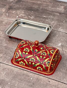 Handpainted Red Patterned Butter Dish, 2 of 5