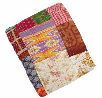 Silk Patchwork Multicoloured Hand Stiched Kantha Quilt, 3 of 9