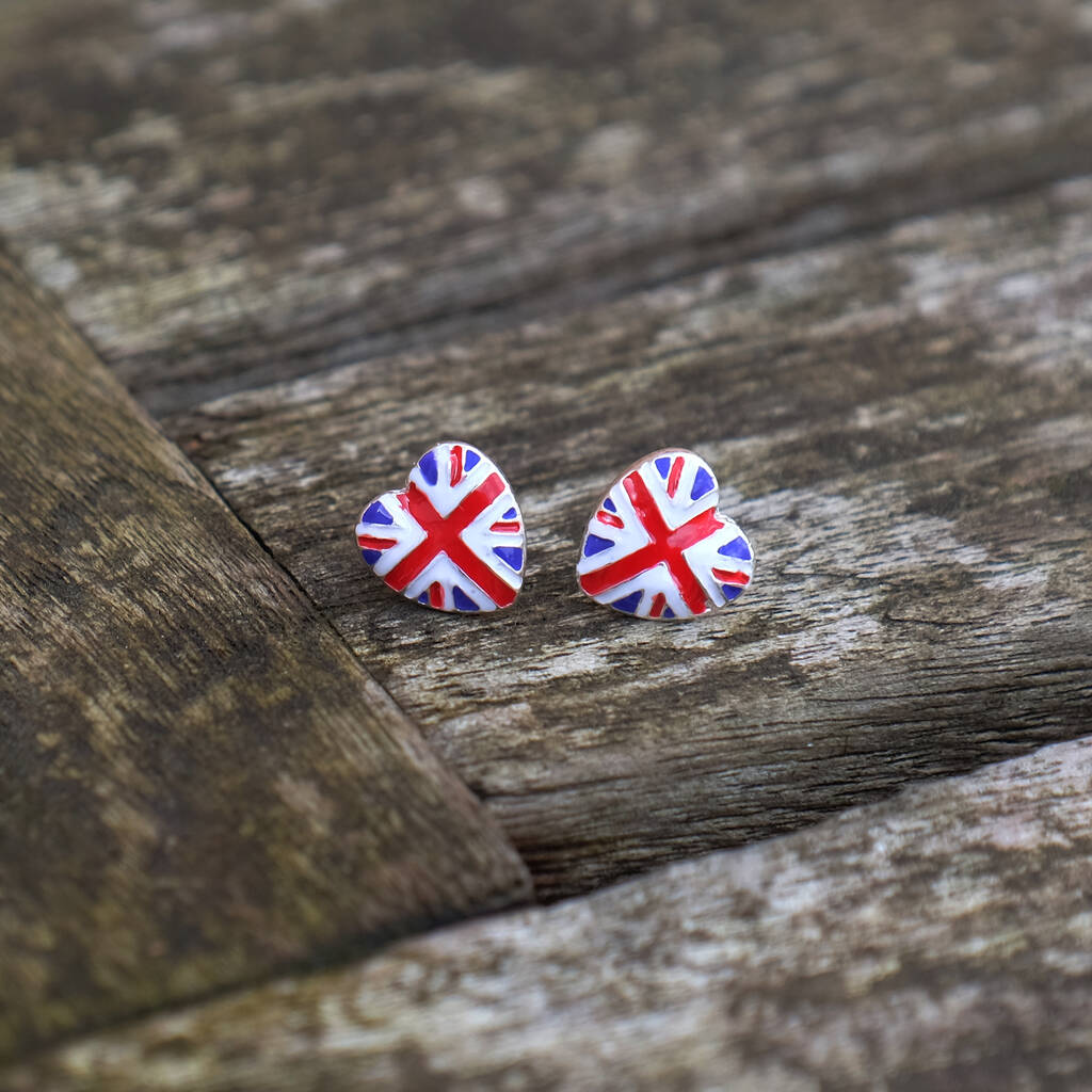 British Union Jack Flag Heart Stud Earrings, 1 of 4