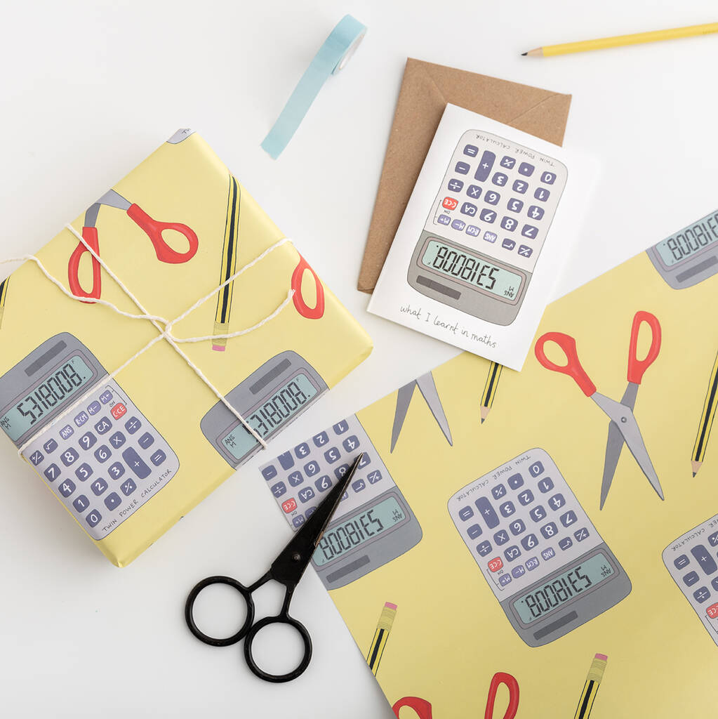 Calculator Boobies Maths Wrapping Paper, Yellow By you've got pen on