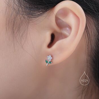 Sterling Silver Opal Blue Cz Flower Stud Earrings, 2 of 12