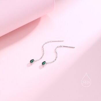 Tiny Emerald Green Droplet Bezel Cz Threader Earrings, 2 of 10