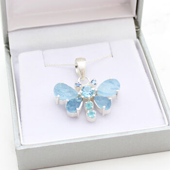 Aquamarine, Apatite And Blue Topaz Gemstone Butterfly Pendant, 2 of 2