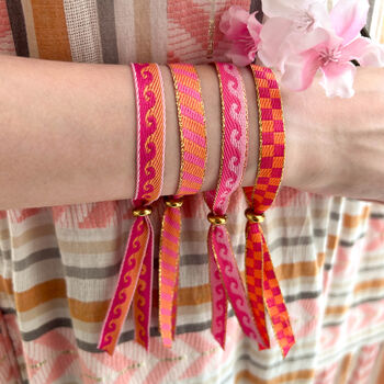 Set Of Four Festival Ribbon Bracelets, Orange/Pink, 2 of 5
