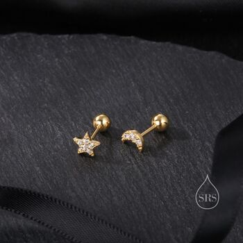 Mismatched Moon And Star Cz Barbell Earrings, 4 of 11