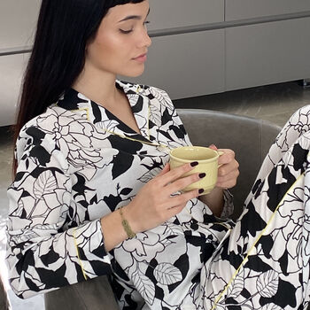 Organic Cotton Pyjama Set For Women – Black And White Floral Print Sustainable Loungewear With Fabric Gift Bag, 2 of 7