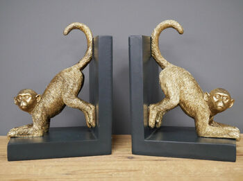 Set Of Black And Gold Coloured Monkey Bookends, 2 of 4