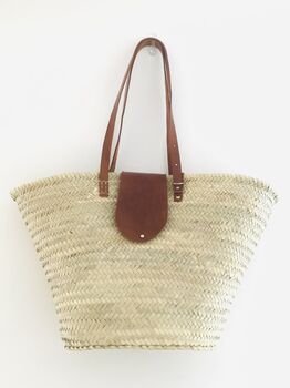 French Market Basket Bag Long Tan Leather Handles, 4 of 7