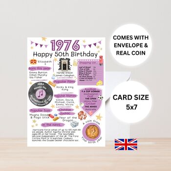 50th Birthday Card With 1976 Coin And Envelope Choose Your Colour, 2 of 3