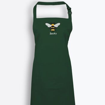 Personalised Embroidered Bee Apron In Bottle Green, 4 of 5