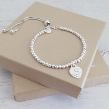 Sterling Silver Ball Slider Bracelet With Personalised Initial Dainty Heart Charm, 2 of 11