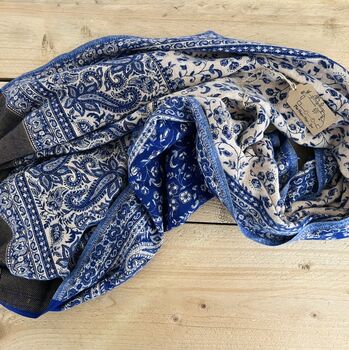 Handmade Fair Trade Paisley Blue And Oatmeal Blanket, 3 of 5