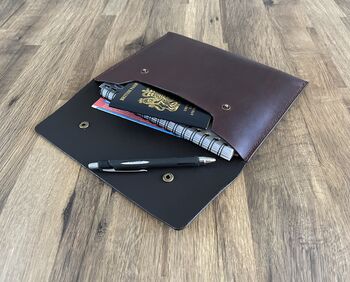 Personalised A5 Chocolate Brown Leather Travel Wallet, 6 of 9