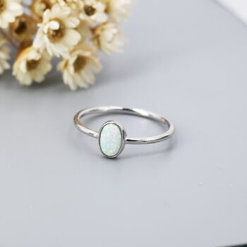 White Fire Oval Opal Ring In Sterling Silver, 5 of 11