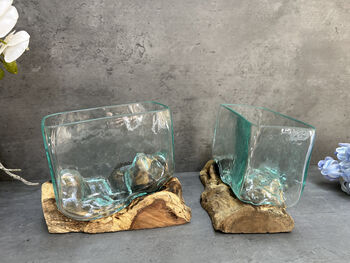 16cm Molten Glass Square Bowl On Teak Root Base, 5 of 12