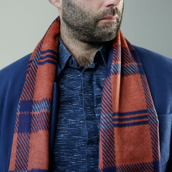Men's Personalised Bold Orange Blue Check Scarf, 6 of 11